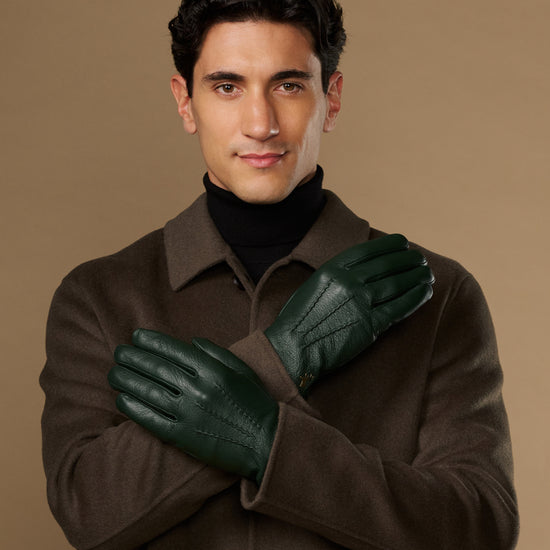 Men's dark green leather gloves, full hand coverage with stitched seams