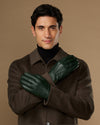 Men's dark green leather gloves, full hand coverage with stitched seams