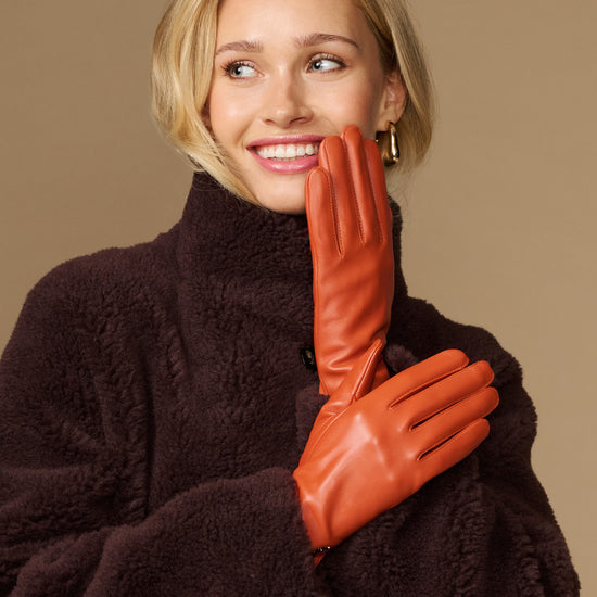 Lauren orange lambskin leather gloves with touchscreen tips, silk-lined, cuffed