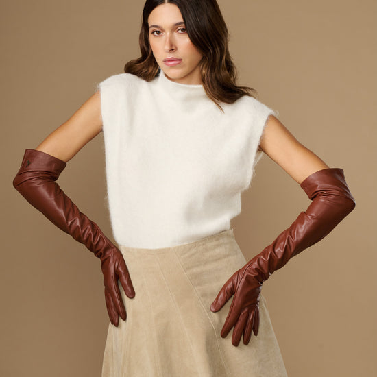 Chestnut brown lambskin opera gloves, long length with smooth finish and stitched seams