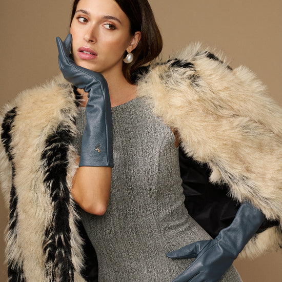 Women’s grey below-elbow leather gloves with slim seams and long cuff