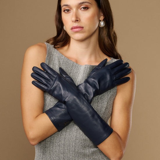 Women’s below-elbow lambskin leather gloves, dark blue, smooth finish with fitted shape