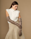 Taupe lambskin leather gloves with long cuffs, hand-to-waist styling