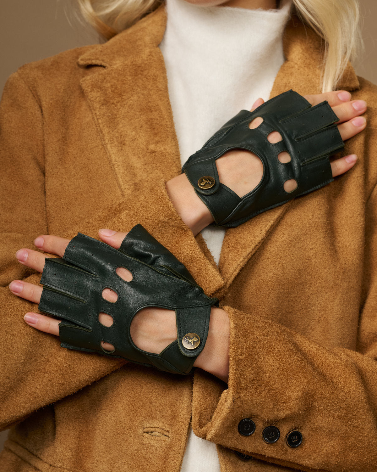Dark green fingerless lambskin driving gloves, open thumb and fingerless cutouts