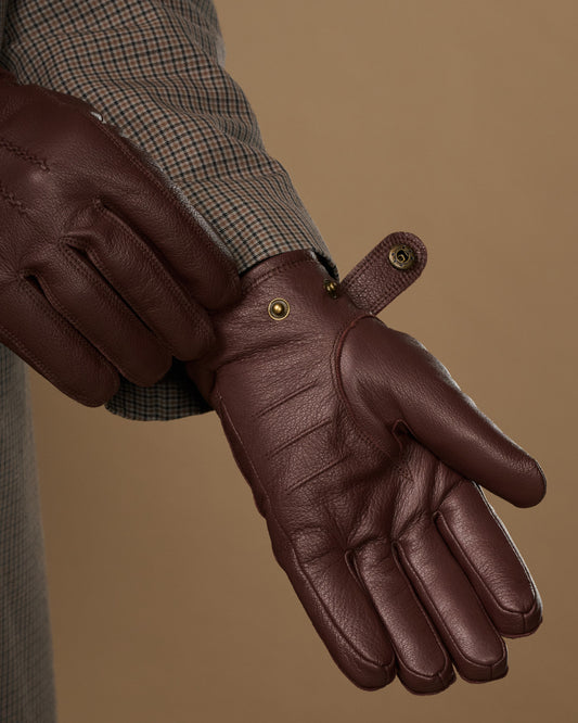 William (brown) - Goatskin leather gloves with warm fleece lining and press-stud